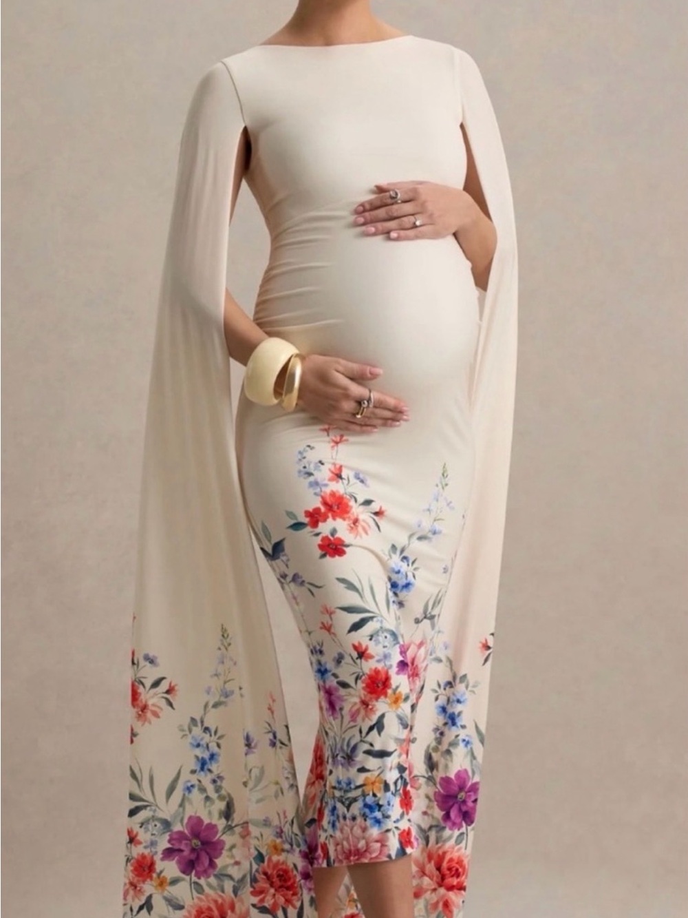 SHEIN Cream Floral Maternity Cape-Sleeve Dress